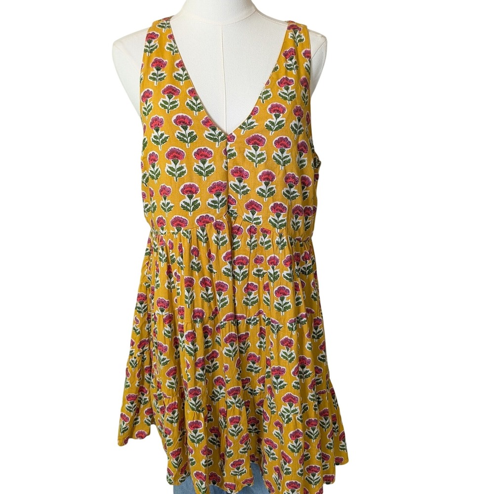 Sincerely Jules Mustard Floral Tiered Mini Dress L Boho Anthro Style Block Print